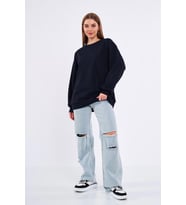Lacivert Kadın Pamuklu Oversize Basic Bisiklet Yaka Sweatshirt