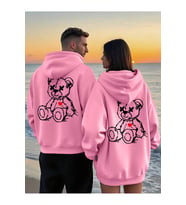 Sevgili Çift Kombin Ayıcık Baskılı Kapüşonlu Sweatshirt 2li Set Takım 3 İplik (Pembe)