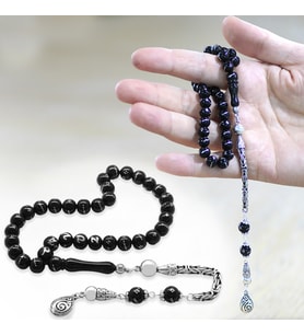 925 Ayar Gümüş Kral Zincir Püsküllü Küre Kesim Gümüş İşlemeli İsim Yazılı Erzurum Oltu Taşı Tesbih