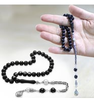 925 Ayar Gümüş Kral Zincir Püsküllü Küre Kesim Gümüş İşlemeli İsim Yazılı Erzurum Oltu Taşı Tesbih
