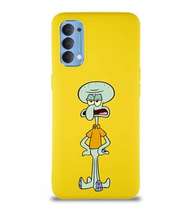 Oppo Reno 4 Soft Premier Kapak Squidward Dokunaç Tasarımlı Silikon Kılıf - Sarı (Şeffaf)
