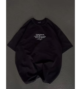 Unisex Bisiklet Yaka Baskılı Oversize T-Shirt - Siyah