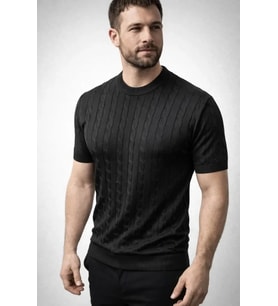 Erkek Yazlık Triko Dokuma Tişört Kısa Kol Bisiklet Yaka Örgü Desenli T-Shirt - Siyah