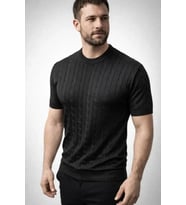 Erkek Yazlık Triko Dokuma Tişört Kısa Kol Bisiklet Yaka Örgü Desenli T-Shirt - Siyah