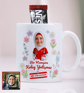 BBaskı Kişiye Özel Fotoğraflı Tesettürlü Hemşire Karikatür Kupa Bardak 330 ml – Bir Hemşire Kolay Yetişmez İsim Soyisimli Hediyelik Porselen Kupa