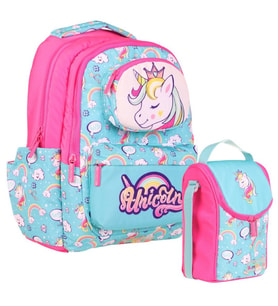 Kaukko Kız Çocuk 3D Unicorn Şekilli Turkuaz Pembe Okul Sırt Çantası ve Isı Yalıtımlı Beslenme Çantası Seti