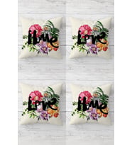 Love Home Yazılı Tropikal Çiçekler Gizli Fermuarlı Kırlent Kılıfı Koltuk Yastık Kılıfı Takım(4adet) (Pembe)