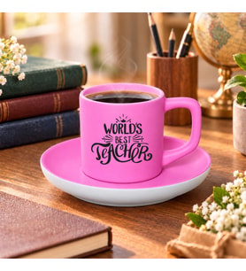 BK Gift Dünyanın En İyi Öğretmeni Tasarımlı Mat Pembe Türk Kahvesi Fincanı ve Tabağı