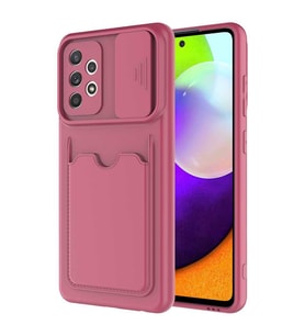 Samsung Galaxy A52 Kılıf Kartlıklı Lens Kapatmalı Kapak (Koyu Mor)