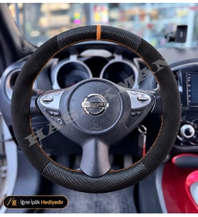 Nissan Micra K13 Dikme Direksiyon Kılıfı Alcantara Süet Mat Karbon Taba Yüzük ve Dikiş Tekna-Match-Çift Tarafı Tuşlu 2013-2017