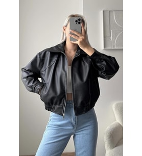 Prifaldi Premium ZR Oversiz Bomber Belden Lastikli Deri Ceket Siyah
