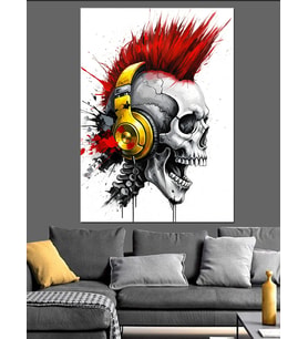 Turuncu Punk Saçlı Kurukafa Kulaklıkta Rock Müzik Dinliyor Dekoratif Kanvas - Mdf Ahşap Tablo