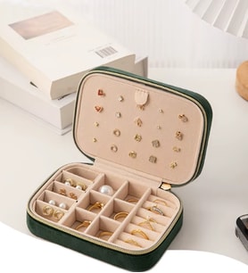 Kadife Kaplama Premium Seri Lüks Takı Mücevher Kutusu - Seyahat Takı Kutusu model :1 (Koyu Yeşill)