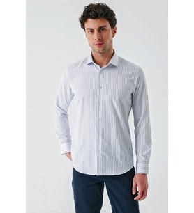 Beyaz Uzun Kollu Çizgili Armürlü Cepsiz Pamuklu Klasik Slim Fit Dar Kesim Gömlek 1004240229