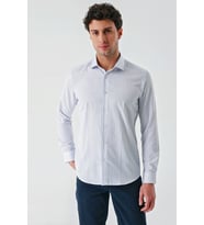 Beyaz Uzun Kollu Çizgili Armürlü Cepsiz Pamuklu Klasik Slim Fit Dar Kesim Gömlek 1004240229
