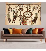 Dream Catcher Kuş Tüylü Bohem Desen Leke Tutmaz Kadife Doku Kumaş Duvar Örtüsü Duvar Halısı Tapestry (Bej-Kahve)