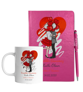 Sevgililer Gününe Özel Pembe Defter Kalem & Kupa Hediye Seti 38