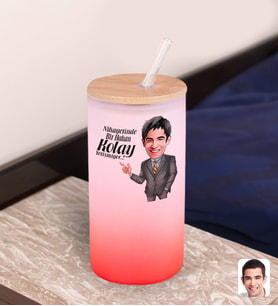 BK Gift Karikatürlü Kırmızı Renk Pipetli Buzlu Cam Bardak 600ml - 1, Arkadaşa Hediye, Doğum Günü Hediyesi