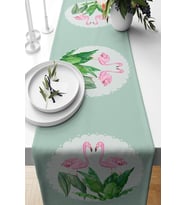 Pelangi Beyaz Filamingo Yaprak Desen Leke Tutmaz Kumaş Salon Mutfak Masa Değişik Ranır Modelleri Runner, Yeşil-Pembe 40 x 140