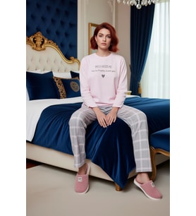 Kadın Pudra Kalp Baskılı Ekose Pantolonlu Pijama Takımı Fonksiyonel Dayanıklı Kaliteli Şık