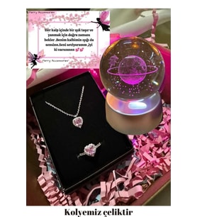 Çelik Kararmaz Pembe Kalp Kolye Yüzük Set Ve Renk Değiştiren Led Işıklı 3d Satürn Kız Kar Küre
