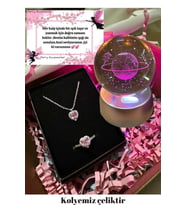 Çelik Kararmaz Pembe Kalp Kolye Yüzük Set Ve Renk Değiştiren Led Işıklı 3d Satürn Kız Kar Küre