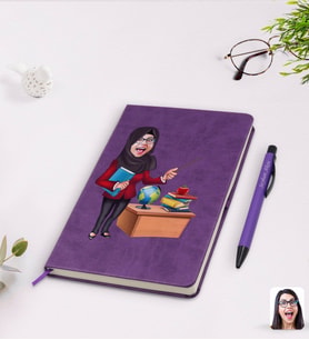 BK Gift Kişiye Özel Tesettürlü Kadın Öğretmen Karikatürlü Mor Termo Deri Defter Kalem Seti Model 1