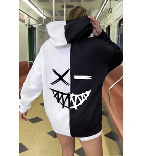 Unisex Cartoon Face Siyah Beyaz Hoodie (Siyah)