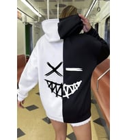 Unisex Cartoon Face Siyah Beyaz Hoodie (Siyah)