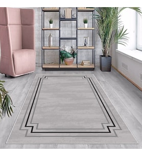 Gri Geometrik Çerçeve Desenli Yıkanabilir Kaymaz Taban Leke Tutmaz Modern Salon Halısı ve Yolluk (Açık Gri)
