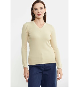 Fitilli V Yaka Basic Triko Kazak - Krem