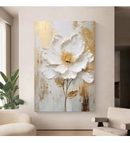 Tablolife Soyut Gold Beyaz Çiçek 3D Yoğun Yağlı Boya Dokulu Tablo Çerçevesiz