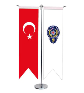 Masa Üstü Kırlangıç Polis Arması + Türk Bayrağı + Krom T Direk Masa Bayrak Seti
