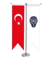 Masa Üstü Kırlangıç Polis Arması + Türk Bayrağı + Krom T Direk Masa Bayrak Seti
