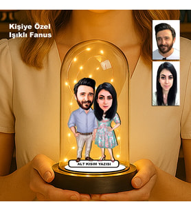 Kişiye Özel Çift Karikatür Fanus  Sevgili ve Evlilere Özel Işıklı Biblo