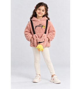 Kız Çocuk Peluş Kapüşonlu Sweatshirt Pretty Nakışlı Oyuncak Aksesuarlı Çantalı Kışlık Üst Ak4130