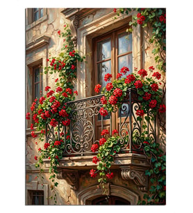 Sarmaşıklı Balkon Kırmızı Çiçek Tablosu Dekoratif Kanvas - Mdf Ahşap Tablo
