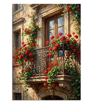 Sarmaşıklı Balkon Kırmızı Çiçek Tablosu Dekoratif Kanvas - Mdf Ahşap Tablo