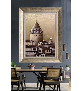 Tablore Nostaljik Yağlı Boya Galata Kulesi Ve Tarihi Evler Çerçeveli Kanvas Tablo