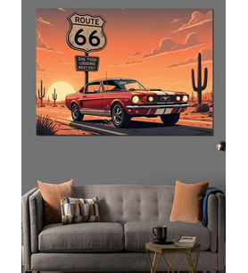 Route 66 Kırmızı Retro Araba Ve Vahşi Batı Yol Manzarası Dekoratif Kanvas - Mdf Ahşap Tablo
