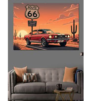 Route 66 Kırmızı Retro Araba Ve Vahşi Batı Yol Manzarası Dekoratif Kanvas - Mdf Ahşap Tablo
