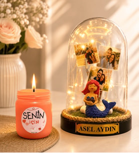 Kişiye Özel Yazılı 3 Fotoğraflı LED Işıklı Fanus (denizkızı) ve Cam Kokulu Mum Hediye Seti