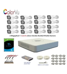 Hikvision 2mp 16 kameralı Dış ortam AHD HD-TVI ColorVu Gece Renkli Kamera Seti 2TB Disk