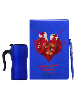 Sevgililer Gününe Özel Mavi Defter Kalem & Termos Mug Hediye Seti 32