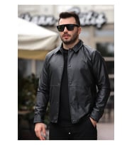 ERKEK FERMUARLI SLİM FİT DERİ CEKET (Siyah)