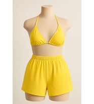 Kadın Sarı Şortlu Belden ve Boyundan Bağlamalı Bikini Takımı