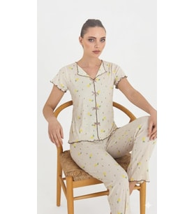 Çağrı Kadın %100 Pamuk Raporlu Fitilli Kısa Kollu Önü Düğmeli Pijama Takım (Krem)