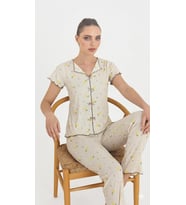 Çağrı Kadın %100 Pamuk Raporlu Fitilli Kısa Kollu Önü Düğmeli Pijama Takım (Krem)