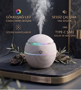 Oval Dekoratif Ahşap Görünümlü Hava Nemlendirici - 7 Renk RGB Led Işıklı Buhar Makinesi Koku Difüzörü (150 ml, Type-C)