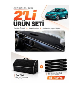 e-biz VOLKSWAGEN T-CROSS (2021-2023) Uyumlu Torpido Örtüsü + Tay Tüyü Çanta - Siyah-Gri - VW031